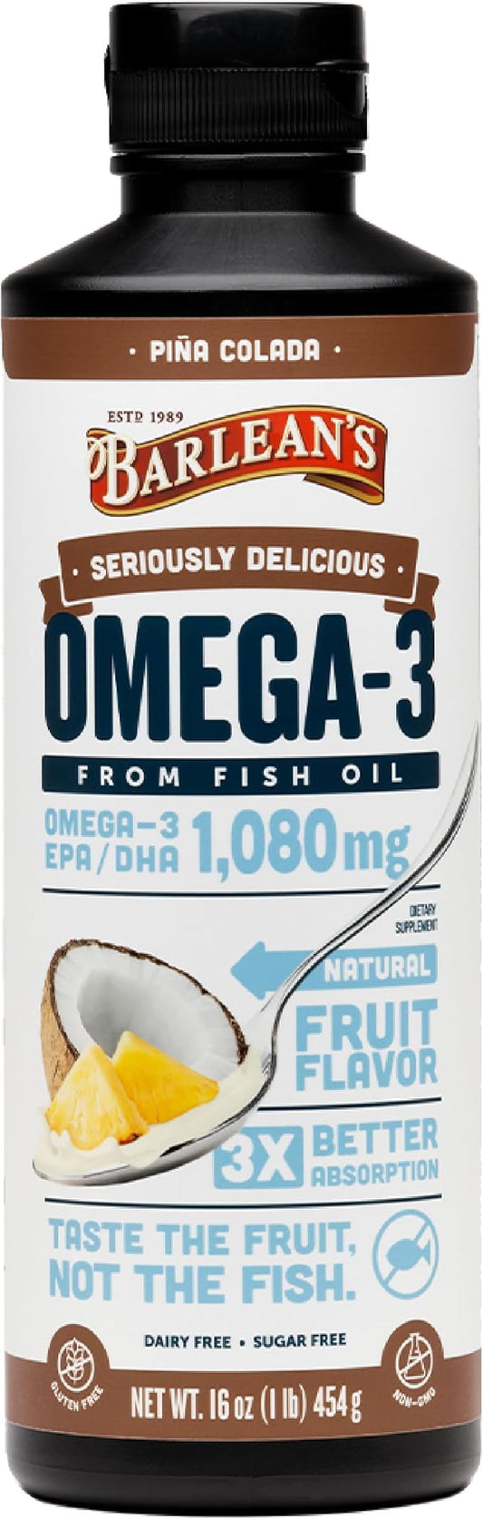 Barlean's Omega 3 Fish Oil Liquid Supplement with Vitamin D, Pina Colada, 1080mg EPA and DHA Fatty Acid, 16 oz