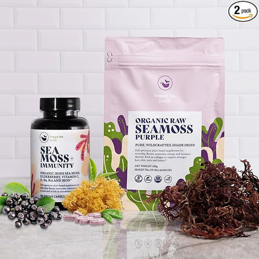 Purple Immunity Bundle - Organic Sea Moss Raw Purple & Organic Irish Sea Moss Capsules with Sambucus Elderberry for Immunity Defense, Vitamins C, D3, B9, B12, & Iron, 90 Count