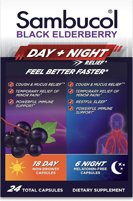 Sambucol Black Elderberry Day & Night Relief - Feel Better Faster, Cough & Mucus Relief for Adults, Immune Support, Non-Drowsy Daytime Relief, Restful Sleep, Melatonin-Free - 24 Capsules, 1 Pack