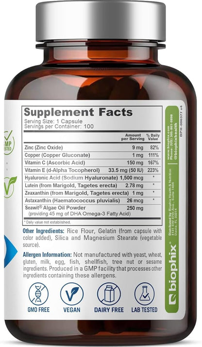 biophix Retinal Support Maximum Strength Complex Formula 100 Capsules - Zinc Vitamin C E Lutein DHA Omega-3 Astaxanthin Hyaluronic Acid - Supports Eye Vision Health