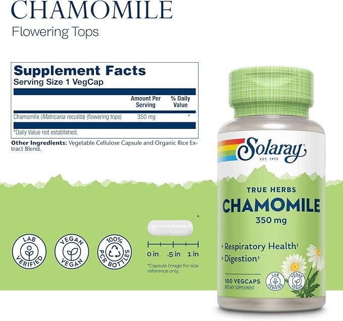 SOLARAY Chamomile, Soothing Support for Digestion, Respiratory Tract and Relaxation, 100 Servings, 100 VegCaps