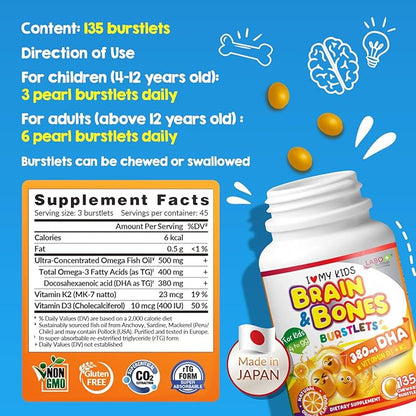 LABO Nutrition I My Kids Brain & Bones Chewable Burstlet, Gluten Free, for Stronger Bones & Behavioral Management, 76% Ultra-Concentrated rTG Form Omega 3 DHA Fish Oil, Vitamin D3 & K2, Orange