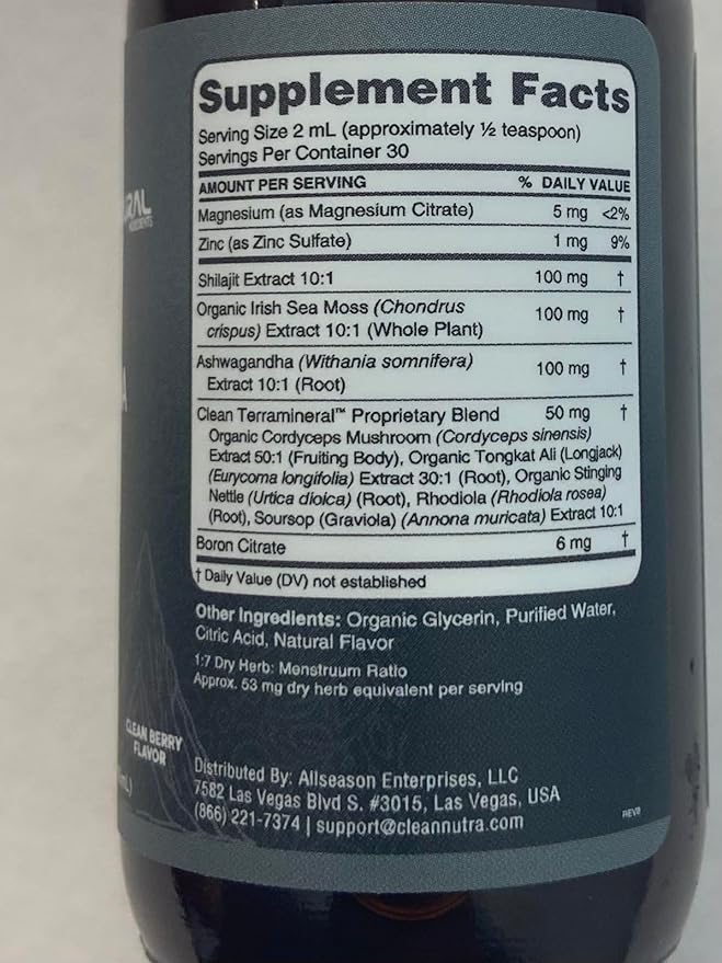 Shilajit Liquid Drops with Sea Moss, Ashwagandha, Zinc, Magnesium, Liquid Vitamins for Women and Men - Terra Mineral by Clean Nutra - 2Pack