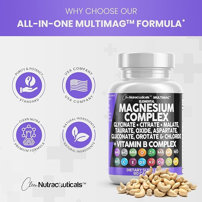 Clean Nutraceuticals Magnesium Complex 2285mg with Magnesium Glycinate Citrate Malate Oxide Taurate Aspartate Orotate & Mag Chloride, Zinc Copper Manganese & Vitamin C B1 B2 B6 B12 Complex - 2Pack