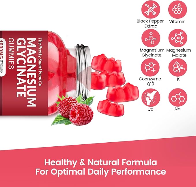 Magnesium Glycinate Gummies 1000mg - 90 Ct | Magnesium Potassium Supplements for Relaxation, Stress Relief, with Vitamin D, B6, CoQ10 for Calm Mood & Sleep Support - Raspberry Gummies