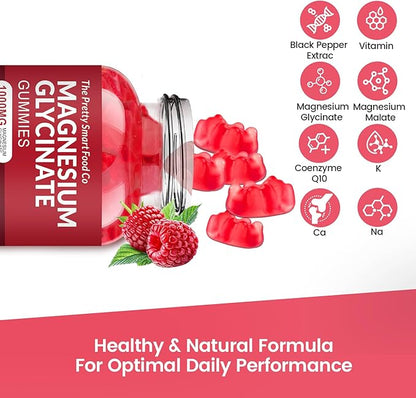 Magnesium Glycinate Gummies 1000mg - 90 Ct | Magnesium Potassium Supplements for Relaxation, Stress Relief, with Vitamin D, B6, CoQ10 for Calm Mood & Sleep Support - Raspberry Gummies