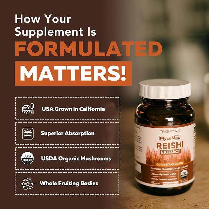 Organic Reishi Mushroom Capsules Extract - 70% Beta Glucans - Highest Active Nutrient Levels, Max Potency, US Grown + Ultrasonic Extraction - Energy, Immunity, Sleep and Stress - 60 Capsules