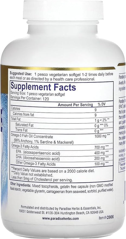Paradise Herbs Omega-Sure, Omega-3 Concentrate, Premium Fish Oil, DHA, EPA, Vegan, Non GMO, Gluten Free, 120 Count Vegetarian Softgels