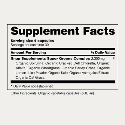 Snap Supplements Organic Spirulina and Chlorella Capsules, Chlorophyll and Protein Rich Blue Green Algae Superfood Supplement for Energy and Immune Support, Vegan, Non GMO, Greens Blend, 120 Capsules