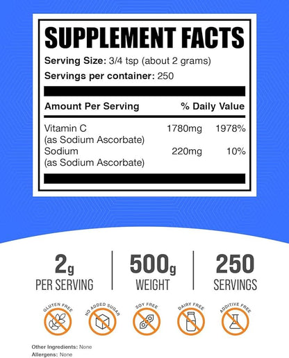 BulkSupplements.com Sodium Ascorbate Powder - for Immune Support, Sodium Ascorbate Vitamin C - Buffered Vitamin C, Gluten Free, 2000mg per Serving, 500g (1.1 lbs) (Pack of 1)
