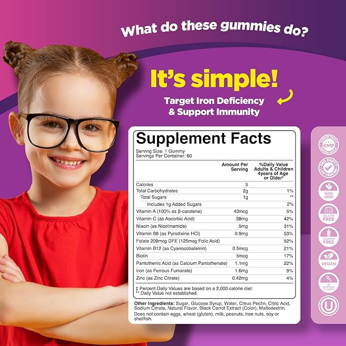 Kids Iron Gummies with Vitamin C - Blood Builder Iron Supplements for Kids with Gentle for Stronger Immunity & Energy Support - Vitamin B6, B12, A, Niacin & Folate Gummies - Vegan & GMO - 60 Count