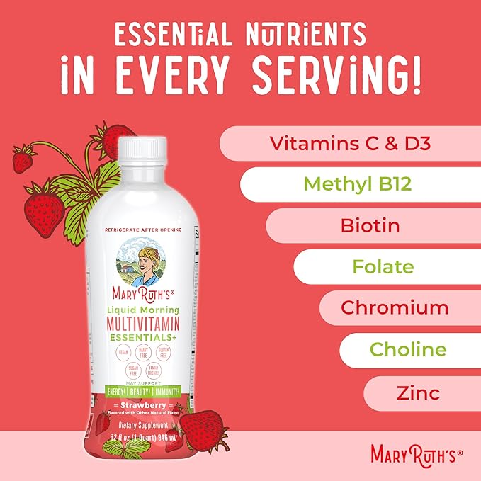 MaryRuth's Liquid Morning Multivitamin Essentials+ | Vitamin A C D E B6 B12 Biotin Zinc | Mens Womens Multivitamin | Immune Support | Beauty | Sugar Free | Vitamins for Ages 1+ | Vegan | 32 Fl Oz