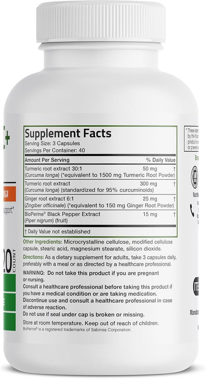 Bronson Turmeric + Ginger Extra Strength Joint Health & Digestion Support with BioPerine, Non-GMO, 120 Vegetarian Capsules