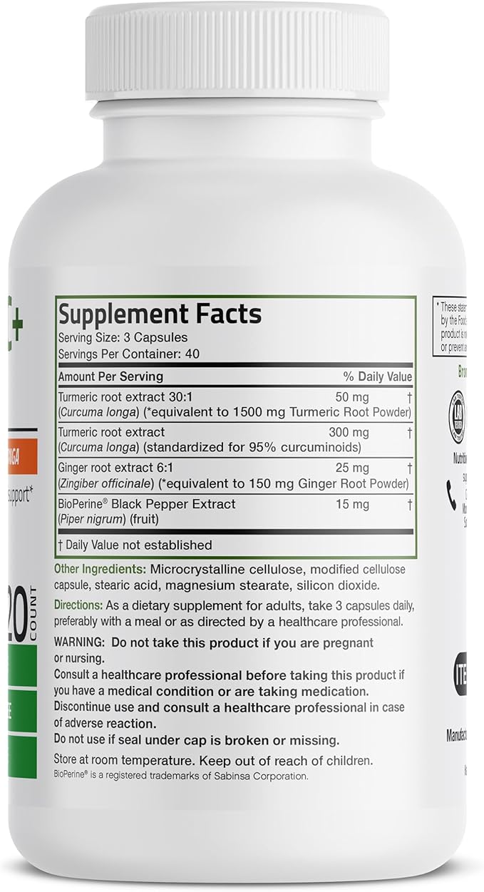 Bronson Turmeric + Ginger Extra Strength Joint Health & Digestion Support with BioPerine, Non-GMO, 120 Vegetarian Capsules