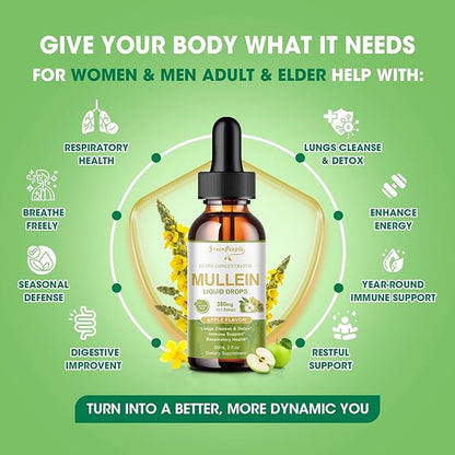 Mullein Leaf Extract Drops - 13-in-1 Botanical Extract Blend with Marshmallow Root for Wellness Support - Mullein Leaf Extract Supplement - Alcohol-Free Tincture, 2 fl oz, Apple
