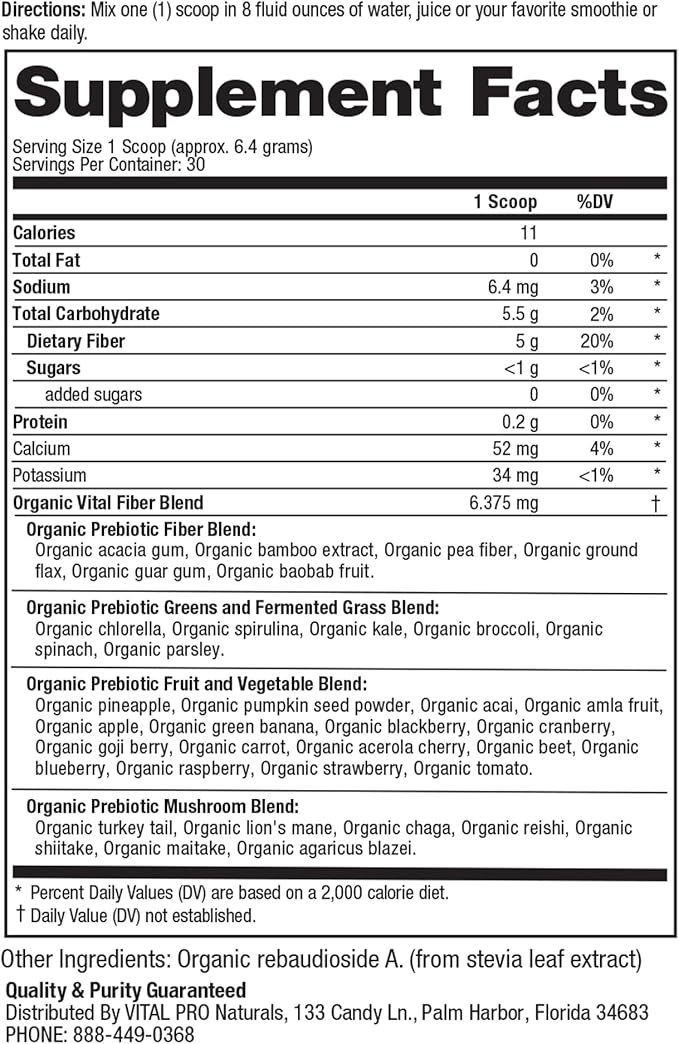 Vital Pro Naturals - Advanced Fiber 35 Powder Supplement for Dietary Support and Occasional Constipation with 35 Prebiotic Fibers and 35 Organic Superfoods for Bowel Regularity, 6.77 oz
