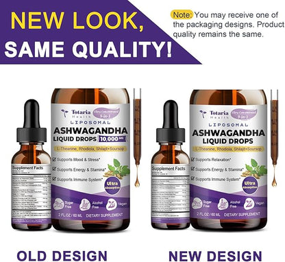 Liposomal Ashwagandha Liquid Drops, Ultra Strength Ashwa Root Extract Supplement with Shilajit, Ginseng, Magnesium, Soursop, L-Theanine, 60ml