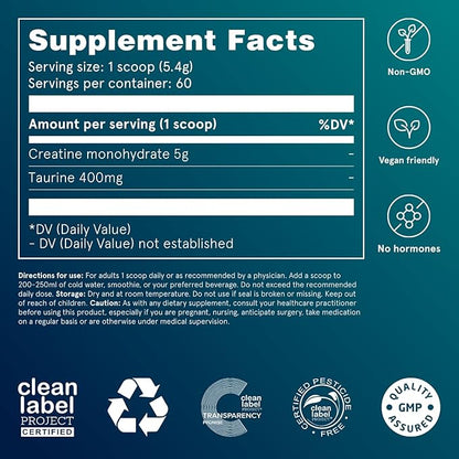 Puori Creatine Monohydrate Powder with Taurine - Unflavored Creatine Powder, Pre-Workout Supplement for Men & Women - Muscle Builder, Enhanced Workout Performance & Strength Building - 60 Servings