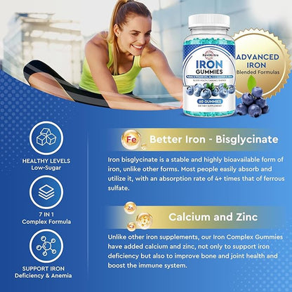 Iron Gummies - with Calcium, Zinc, Folate & Vitamin B12, C,B6 for Adults & Kids - Blood Builder & Energy Support for Iron Deficiency, Anemia, Vegan - Blueberry Flavor, 60 Gummies