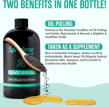 SprinJene Natural® 100% Pure Organic Black Seed Oil Cold Pressed for Oral Wellness, Nigella Sativa Black Seed Oil, Black Cumin Seed Oil Organic, Omega 3 6 9, Nourishes Skin, Supports Joint, 16 fl oz