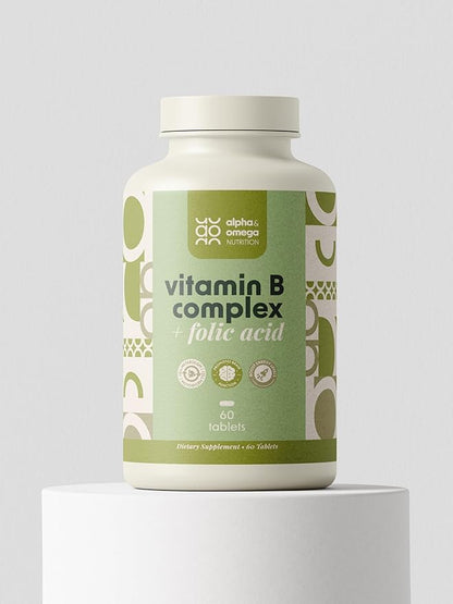 Alpha & Omega Nutrition Vitamin B-Complex + Folic Acid, Support Neurological and Cardiovascular Health, Energy Levels & Nervous System Support, Vitamin B12, Biotin & More - 60 Tablets, 2 Mo Supply