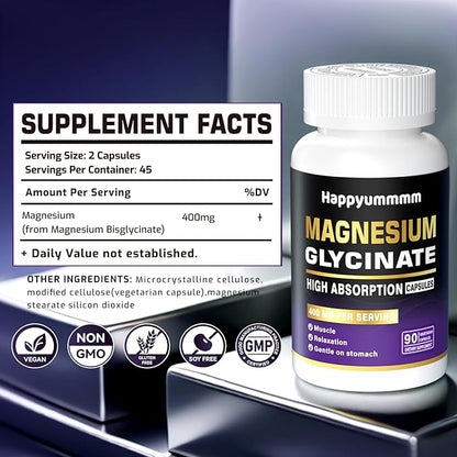 Magnesium Glycinate 400 MG per Serving 100% Chelated for High Absorption, Gentle On Stomach, Non-GMO, 90 Vegetarian Capsules.