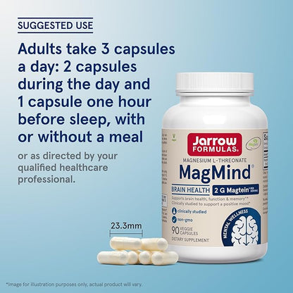 Jarrow Formulas Magnesium L-Threonate, MagMind Magtein Brain Supplements for Memory Support, 90 Veggie Capsules, Up to a 30 Day Supply