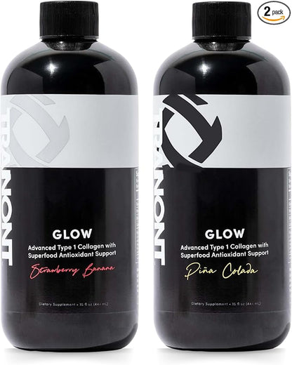 Tranont Glow 2-PK | Strawberry Banana & Piña Colada| Type 1 Collagen with Superfood Antioxidant Support | for Hair, Skin, Nails & Joints | Liquid Collagen with Hyaluronic Acid & Peptides | 30 Fl Oz