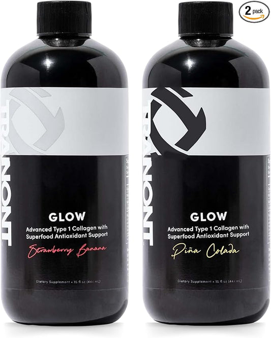 Tranont Glow 2-PK | Strawberry Banana & Piña Colada| Type 1 Collagen with Superfood Antioxidant Support | for Hair, Skin, Nails & Joints | Liquid Collagen with Hyaluronic Acid & Peptides | 30 Fl Oz