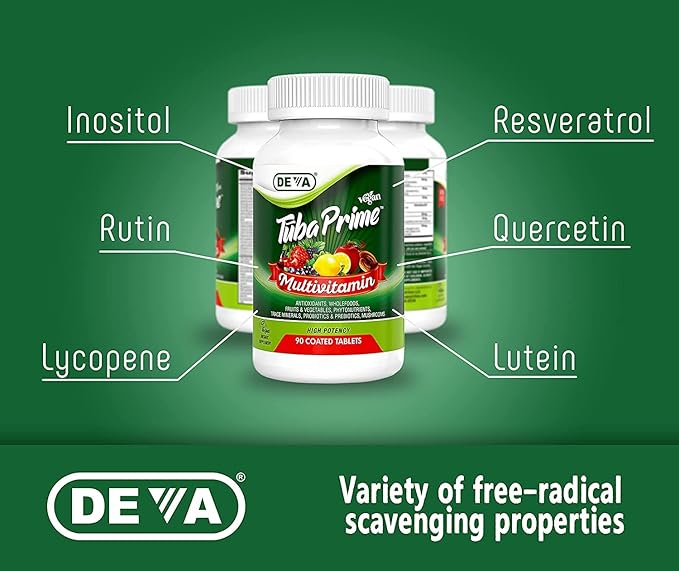 DEVA Tuba Prime Vegan Multivitamin High-Potency Vitamin and Mineral Dietary Supplement Antioxidants, Fruit and Vegetable Blend, Super Mushrooms, Probiotics, Prebiotics, Seeds, Herbs - 90 Tabs, 2-Pack