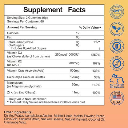 Vitamin D3 K2 Gummies Sugar-Free,Vitamin D3 10000 IU with K2 200mcg,VitaminC,Calcium,Magnesium,Zinc,Support for Bones,Joints,Muscles,Nerves,and Immune System