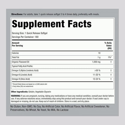 Piping Rock Flaxseed Oil 1000mg Softgel Capsules | 180 Count | Cold Pressed Supplement | Non-GMO, Gluten Free
