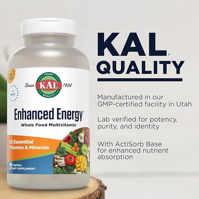 KAL® Enhanced Energy Multivitamin | Whole Food Based Vitamins & Minerals w/ Antioxidants, Digestive Enzymes & Natural Carotenoids | 180 Capsules