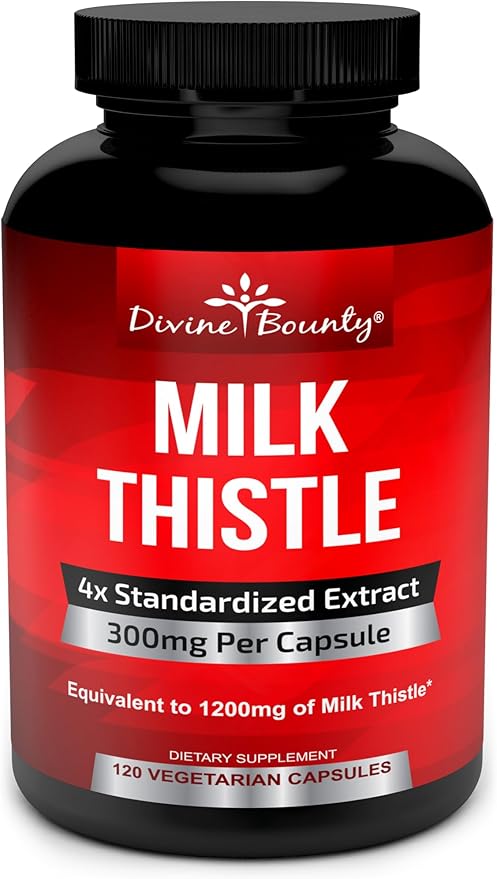 Divine Bounty Pure Milk Thistle Capsules Supplement - A Potent 1200mg Milk Thistle Supplement with 4X Concentrated Extract (Standardized) 120 Vegetarian Capsules