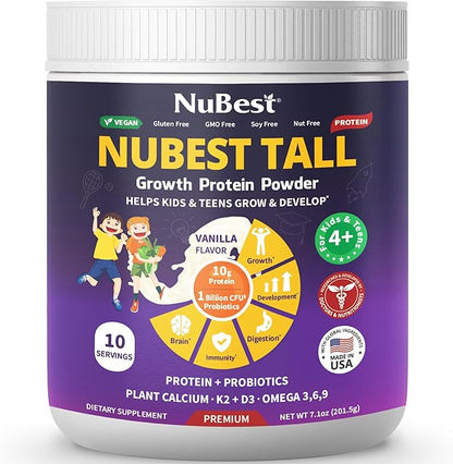 NuBest Tall Protein Powder for Kids & Teens - Vegan Vanilla Protein Powder Shake with Organic Red Algae Calcium, Probiotics, Omega 3-6-9, Vitamin D3 + K2 & Magnesium from Marine Algae - Pack 2