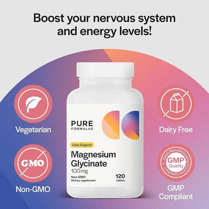 PureFormulas Magnesium Glycinate 100 mg Daily Support for Stress, Nerves, Sleep, Muscles, Metabolism Pure Magnesium Glycinate Supplement for Women and Men Magnesio Non-GMO 120 Tablets