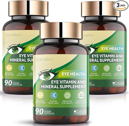 Advanced Eye Vitamins and Mineral Supplement with Lutein & Zeaxanthin + Zinc, Vitamin C & E - Supports Vision, Macular Health & Eye Health - 3 * 90 Count