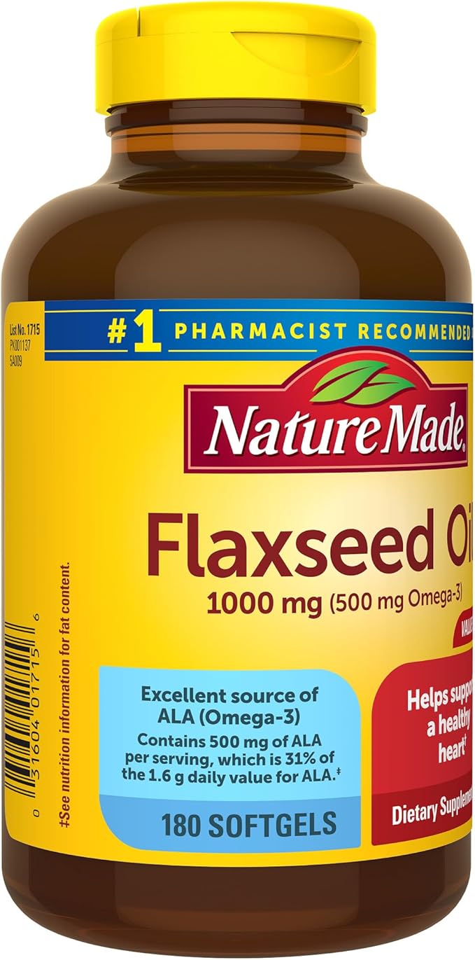 Nature Made Flaxseed Oil 1000 mg, Fish Free Omega 3 Supplement, Dietary Supplement for Heart Health Support, 180 Softgels, 180 Day Supply