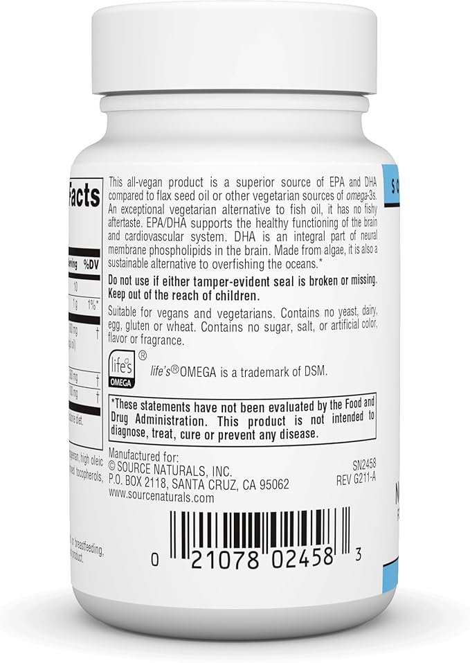 Source Naturals Vegan Omega-3s, Non-Fish EPA-DHA, for Heart and Brain Health Support* 300 mg - 30 Softfgels