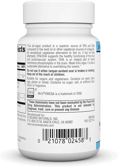 Source Naturals Vegan Omega-3s, Non-Fish EPA-DHA, for Heart and Brain Health Support* 300 mg - 30 Softfgels