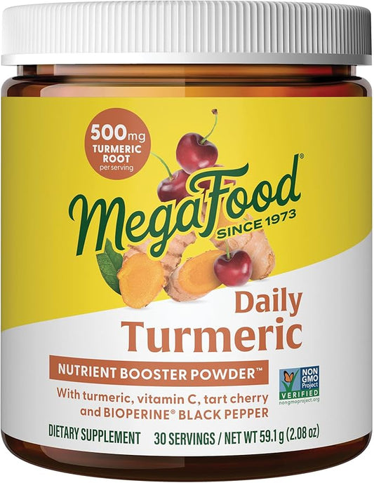 MegaFood Daily Turmeric Nutrient Booster Powder - Turmeric Supplement -with Black Pepper Extract, Tart Cherry & Vitamin C - Vegan - Made Without 9 Food Allergens - 2.08 Oz (30 Servings)