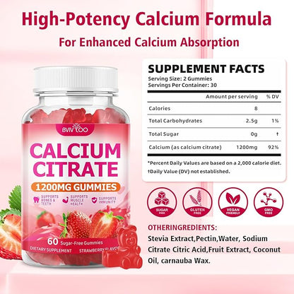 2 Packs High Absorption Calcium Citrate Gummies 1200mg - Bone & Teeth Support for Adults & Kids, Vegan Sugar-Free Gummies, Raspberry Flavor, 120 Count