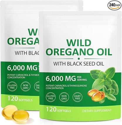 Oregano Oil Capsules,2 in 1 6000mg Oil of Oregano with Black Seed Oil 200mg,Wild Oregano Oil Immune and Antioxidant Support,Non-GMO,Gluten Free,240 Softgels (2 Bag)