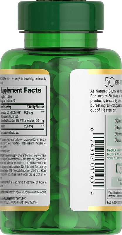 Nature's Bounty Stress Relief, Ashwagandha KSM-66, Supports Occasional Stress Relief, Dietary Supplement, Tablets, 90 Ct