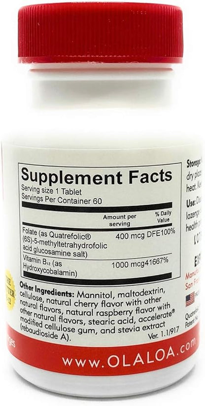 Ola Loa Vitamin B12 Sublingual Cherry Dietary Supplement - HydroxyCobalamin, Active Folate, Vegan Formula - Promote Your Body's Energy, Nerve, and Brain Support - 60 Tablets