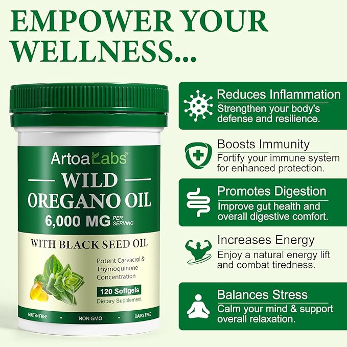Oil of Oregano 120 Softgels, Wild Oregano Oi_l Garlic Extract Olive Leaf and Black Seed Oil - Plant Based, Immune Support & Digestive Health Supplement for Women and Men