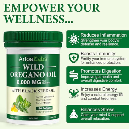 Oil of Oregano 120 Softgels, Wild Oregano Oi_l Garlic Extract Olive Leaf and Black Seed Oil - Plant Based, Immune Support & Digestive Health Supplement for Women and Men