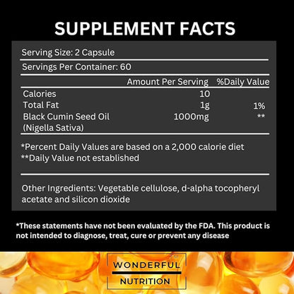 Black Seed Oil - 120 Softgels, 1000mg/Serving, 2% Thymoquinone, Black Cumin Seed Oil, Nigella Sativa, Black Seed Oil Organic Cold Pressed- Supports Health, Hair, Skin & Nails