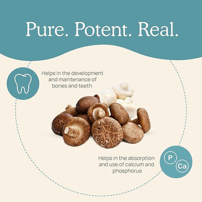 Real Mushrooms Vitamin D2 120 ct Vegan D Supplements - Organic Supplement 1000 IU Shiitake Agaricus Mushroom Complex Vitamins for Bone Muscle Health, Energy, Mood