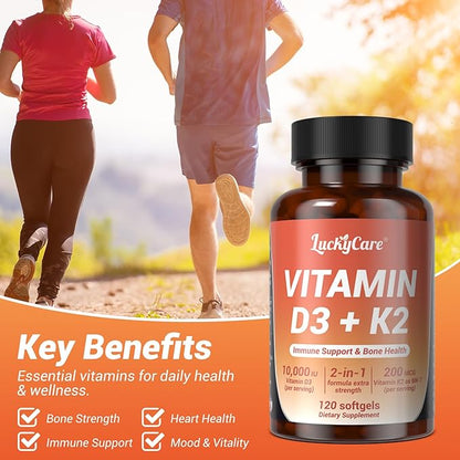 Vitamin D3 K2 10000 IU Plus K2 (MK-7) 200 mcg, 120 Coconut Oil Softgels| 2 in 1 VIT D & K Complex | Supports Calcium Absorption, Bone, Teeth, Heart & Immune Health,120Count